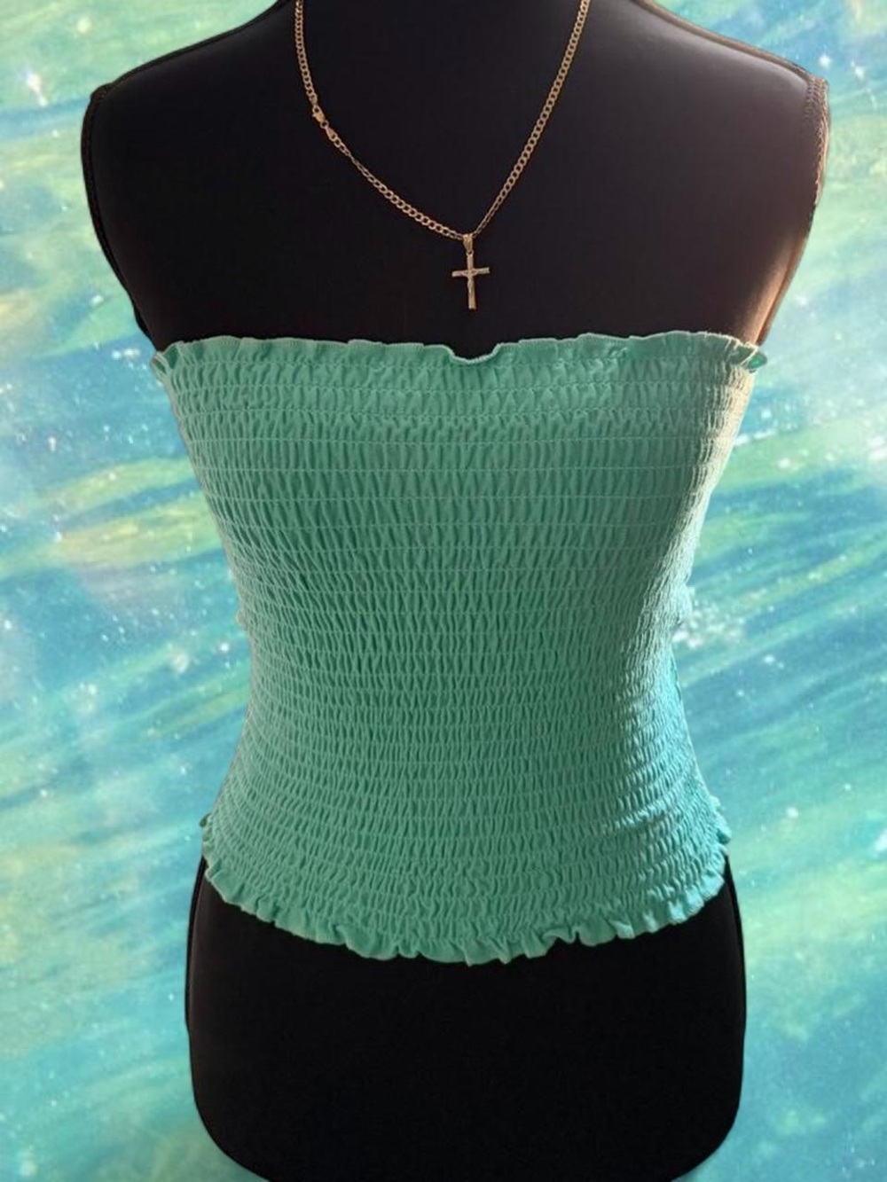 mini green/blue strapless tube top with ruffle details ✮ ⋆🏝️˚。🌺🐬⋆。°✩